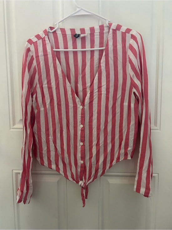 H&M Tops - H&M Pink & White Vertical Stripe Tie-Front Button Down Shirt